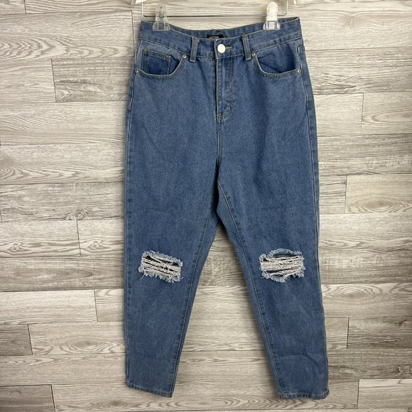 Nasty Gal US Size 8 High Rise Blue Distressed Straight Leg Boyfriend Jeans - Picture 6 of 7